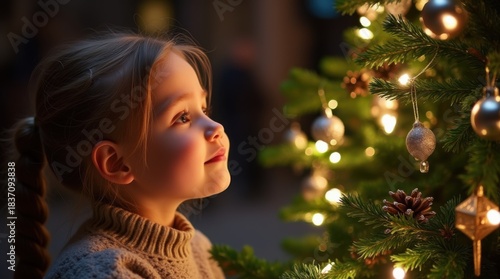 Fototapeta Naklejka Na Ścianę i Meble -  Young cute girl in awe of twinkling lights and ornaments on majestic Christmas tree. Sense of wonder and joy. 
