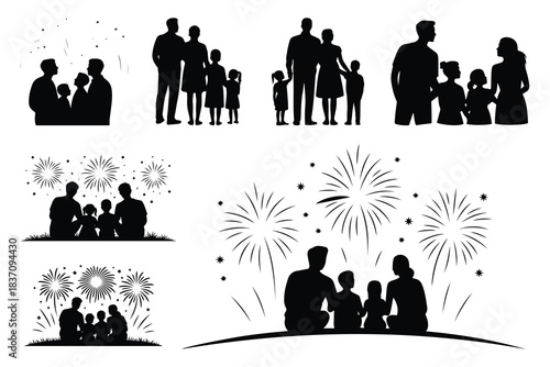 Black silhouette families watching fireworks and stars
