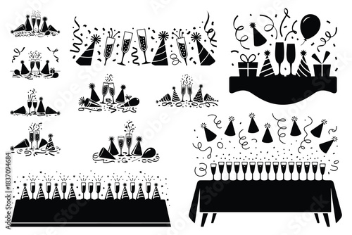Black silhouette party elements champagne glasses hats confetti