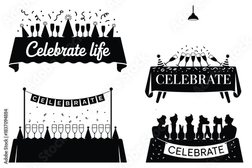 Four black and white celebration scenes with text party