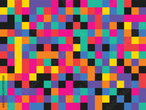 Vibrant pixel art pattern with colorful squares and rectangles in a mosaic design