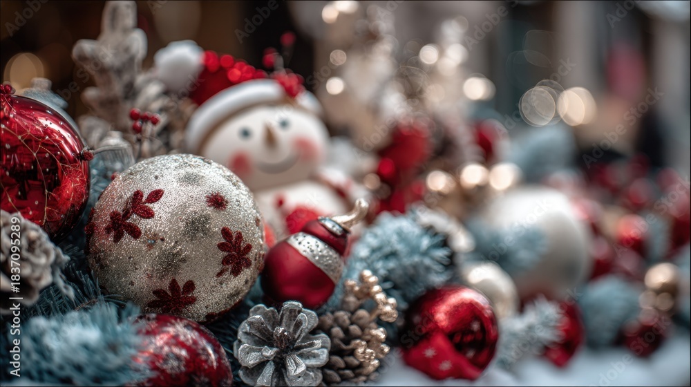 Fototapeta premium Colorful Christmas decorations fill the scene featuring a snowman among shiny ornaments pine cones and vibrant accents for the holiday season.