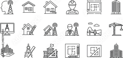 Architecture and Engineering Line Art Icon Set, Flat Vector Illustration, Representing Construction, Blueprint, Design, Surveyor, Building, Housing, and Technology.