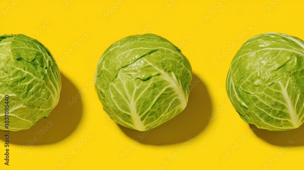 Fototapeta premium Vibrant Heads of Cabbage: Three freshly picked, vibrant green cabbages are arranged against a bright yellow backdrop. Their leafy textures and symmetrical forms showcase natural beauty and freshness.
