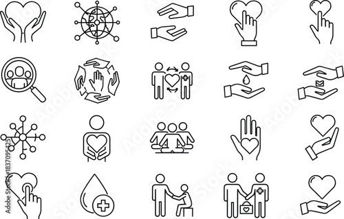 Charity and Volunteering Line Icons Set, Donation, Care, Community Help, Heart Symbol, and Medical Aid Outline Vector Collection