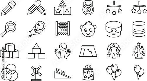 Childhood, Learning, and Toys Line Art Icon Set, Flat Vector Illustration, Representing Education, Play, Blocks, Math, Baby, Development, and Celebration.