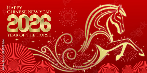 Golden horse illustration for 2026 chinese new year celebration on red background symbolizing strength and prosperity, vector eps