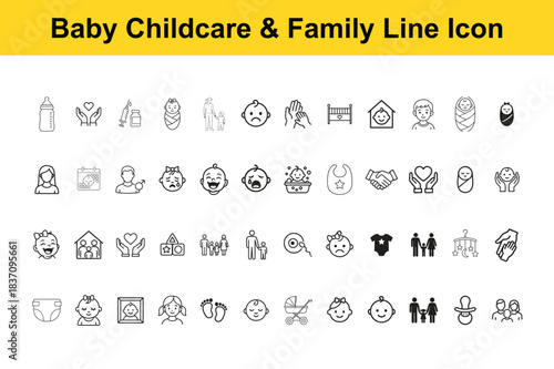 A collection of black and white line icons representing baby care childcare and diverse family related elements