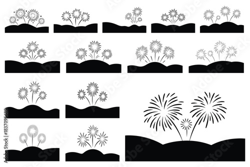 Black silhouette fireworks bursts on rolling hills