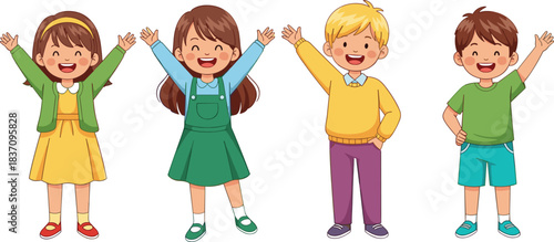Cartoon Children Standing Cheerfully with Raised Arms – Colorful Character Illustration for Kids Content, Education, or Diversity Themes