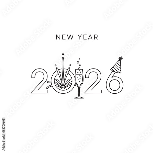 Stylized New Year 2026 celebration illustration featuring a glass, party hat, and festive icons.