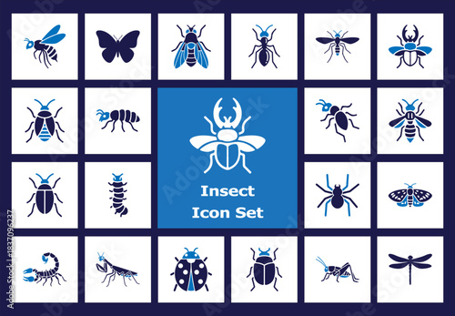 Collection of stylized insect icons featuring butterflies, beetles, dragonflies, scorpions, ants, ladybugs, and caterpillars on a blue background