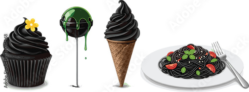 Cartoon Black-Themed Food Set Featuring Cupcake, Cake Pop, Ice Cream, and Spaghetti – Unique Culinary Vector Illustration