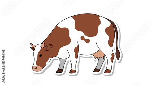 Brown And White Spotted Cow Grazing In A Field With A Black Background And White Outline Sticker Style Illustration