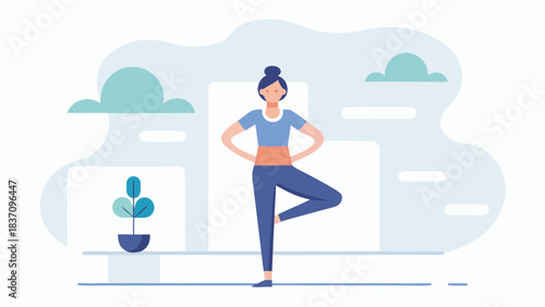 Woman practicing yoga in tree pose with soft urban background and Cloud Dancer white accents for a serene minimalist look