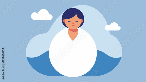 Peaceful woman meditating with eyes closed, surrounded by clouds and soft blue tones featuring Cloud Dancer white
