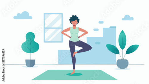 Woman doing yoga in tree pose at home surrounded by plants and soft tones with Cloud Dancer white in a calm modern interior