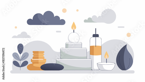 Spa composition with candles, stones and plants in soothing tones featuring Cloud Dancer white for a calm and elegant atmosphere