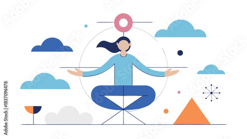Woman levitating in meditation pose surrounded by abstract elements and clouds with Cloud Dancer white highlighting calm and balance