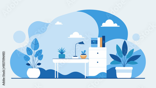 Stylish home office interior with desk, plants and abstract cloud shapes in soft blue and Cloud Dancer white tones
