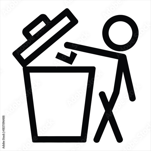 Stick Figure Disposing Trash in Bin Outline Icon Silhouette Vector