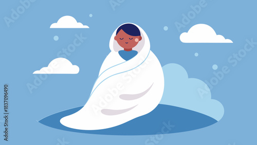 Person wrapped in a white blanket sitting peacefully among clouds, symbolizing comfort and calm with Cloud Dancer white