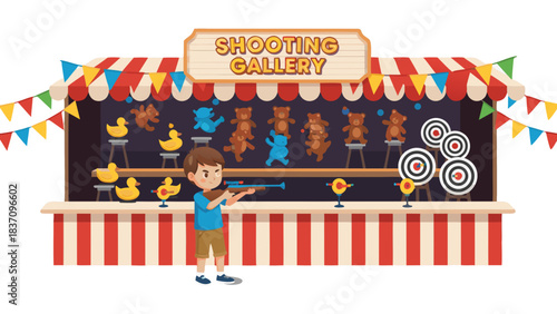 Boy Aiming Toy Rifle at Targets at a Striped Carnival Shooting Gallery Game with Colorful Pennants and Stuffed Animal Prizes Detailed Pixel Art Illustration