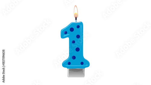 Bright Blue Number One Birthday Candle With Dark Blue Polka Dots Lit Flame Against Black Background Celebration Milestone Anniversary