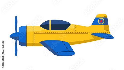 Bright Yellow and Blue Propeller Airplane Side View With Red Star Emblem on Tail Against Black Background Vector Art