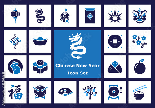 Collection of Chinese New Year Icons Featuring Dragons, Lanterns, and Traditional Symbols for Festive Decorations