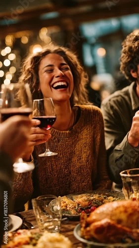 Group of happy people toasting with wine glasses around a holiday dinner table filled with food. Fun family and friends celebrating a special occasion, Thanksgiving day eat tasty delicious turkey.