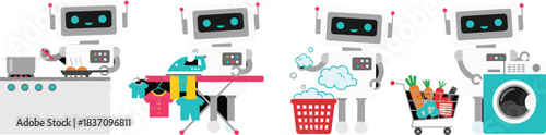Cartoon Robots Performing Household Chores Like Cooking, Ironing, Laundry, Shopping, and Washing – Funny Domestic Automation Vector Illustration