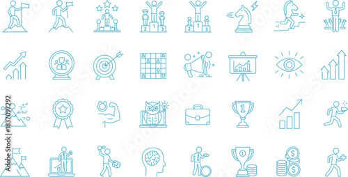 Business success and strategy line icons set. achievement, growth, motivation, goal-oriented vector illustrations for corporate development and progress.