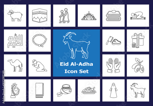 A set of line art vector icons illustrating the symbols, traditions, and rituals associated with the Islamic festival of Eid al-Adha, perfect for cultural designs