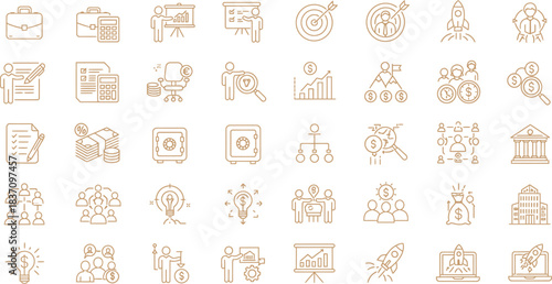 Business and finance line icons. corporate strategy, economic growth, financial planning, investment, management, and technological innovation concepts for modern projects.