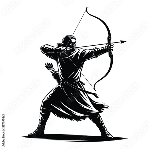 Detailed Archer in Action Monochrome Vector Illustration, archer with bow