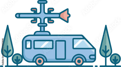 Blue mobile research van with scientific equipment and trees.