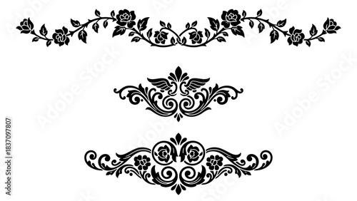 Elegant decorative floral and scroll ornaments vector set offering intricate vintage-inspired design elements for graphic projects and aesthetic enhancements