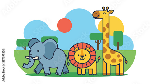 Cheerful cartoon safari animals illustration featuring a friendly elephant, lion, and giraffe in a vibrant African landscape with trees and sun