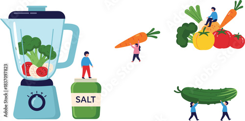 Creative Cartoon of People Interacting with Vegetables Like Carrot, Broccoli, and Cucumber – Healthy Eating Concept Illustration