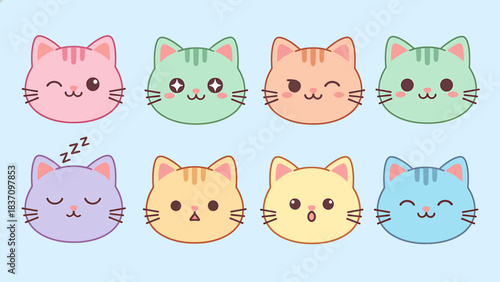Charming Kawaii Cat Emoticon Collection Featuring Adorable Kittens with Diverse Moods and Pastel Color Palette for Creative Projects