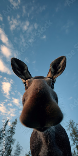 Close-up of a reindeer head against a blurred outdoor backdrop, with 40 moose looking down at the phone screen from the wallpaper Realistic style photograph capturing fine details and - AI-Generated