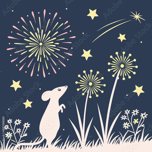 Whimsical nighttime illustration featuring a curious mouse gazing at fireworks and stars under a magical sky.