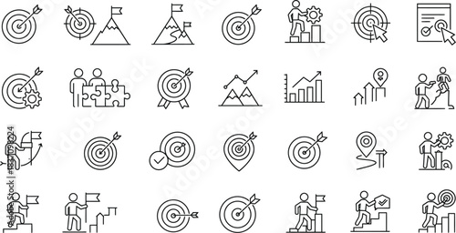 Goal achievement, success strategy, business growth line icon set. targets, arrows, mountains, people climbing, teamwork, charts for planning and accomplishment.
