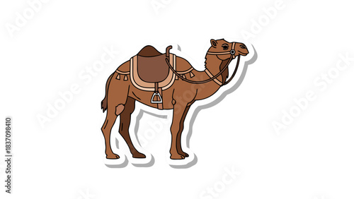 Camel Illustration With Saddle And Bridle On Black Background And White Outline
