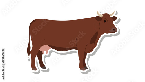 Brown Cow Standing Facing Left with Udders and Horns on a Black Background with White Outline