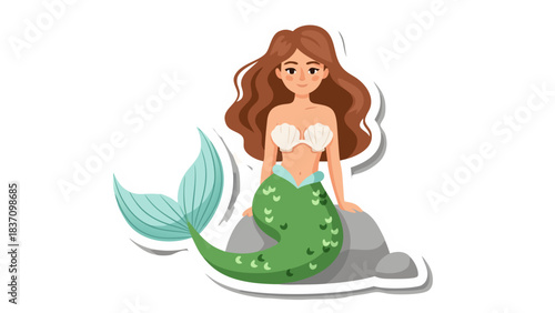 Brown Haired Mermaid With Green Scaled Tail And Seashell Bikini Top Sitting On A Rock With A Gray Background