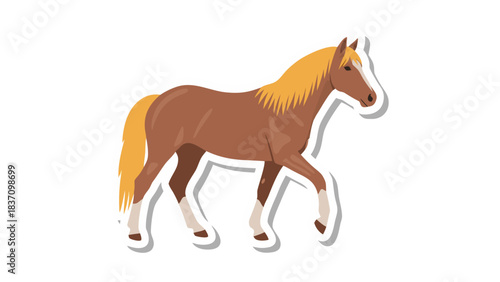Brown Horse with Golden Mane and Tail Walking on Black Background with White Outline and Shadow