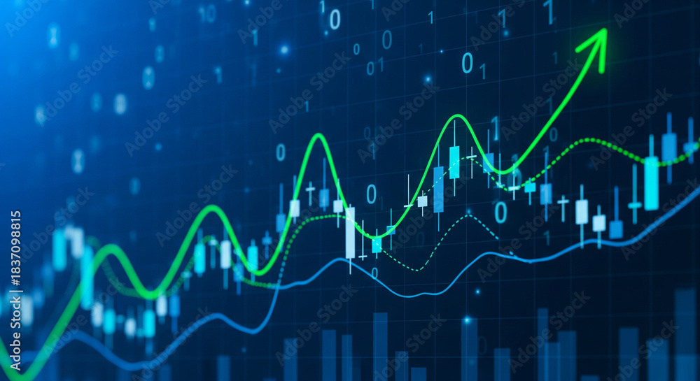 Naklejka premium Financial market growth chart with green arrow pointing upwards on a blue background