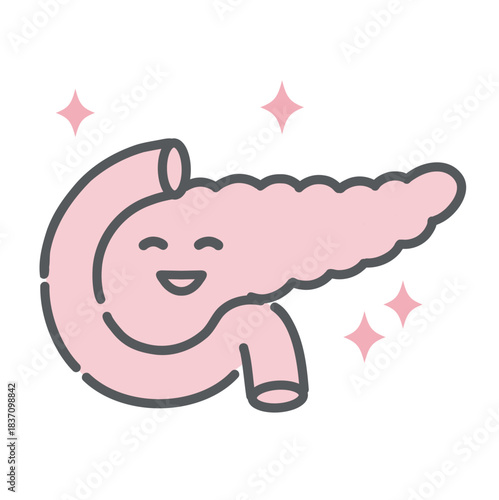 健康で元気な膵臓のキャラクターイラスト（正常・インスリン分泌）